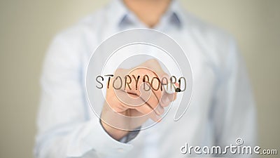 Storyboard, Man Writing on Transparent Screen Stock Photo