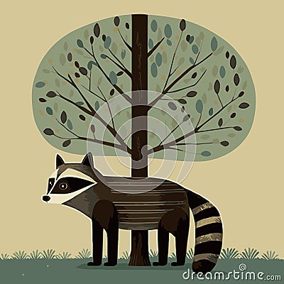 Storybook Folk Art Style Raccoon in a Field with a Spring Summer Tree and Grass. Vector Illustration