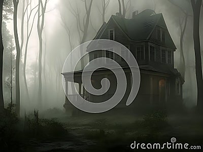 storybook type illustration of an old empty large house in the woods surrounded by winter mist, horror or mystery concept Cartoon Illustration