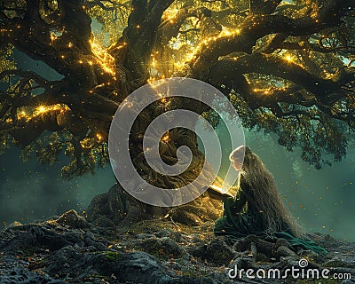 Storyteller weaving tales amidst the roots of the world tree Stock Photo