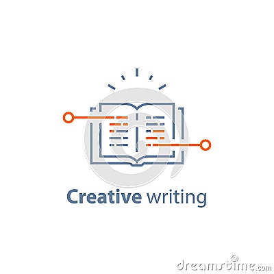 Storytelling concept, creative writing, open book, exam preparation, learn grammar, read brief summary Vector Illustration