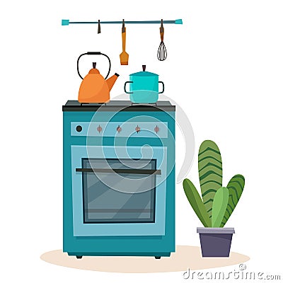 Stove in kitchen. Oven with dishes. Vector Illustration