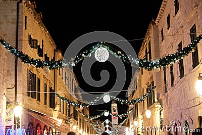 Stradun street decorated with Christmas lights and ornaments, Dubrovnik Stock Photo