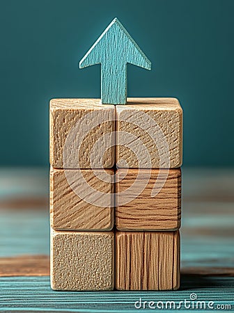 Straight arrow ascending towards a large target icon above stacked wooden cube blocks on a graph with vertical steps Stock Photo