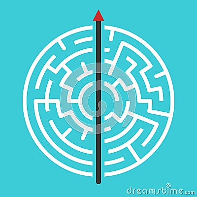 Straight arrow going right through maze. Simple straightforward solution, creativity, strength, obstinacy, decision and courage Vector Illustration