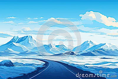 straight asphalted road in winter landscape AI generated Cartoon Illustration