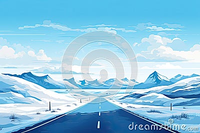 straight asphalted road in winter landscape Cartoon Illustration