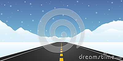 Straight asphalted road winter travel landscape Vector Illustration