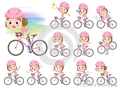 Straight bangs hair pink wear women ride on rode bicycle Vector Illustration