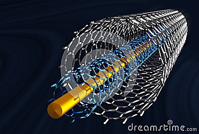 Straight Carbon Nanotubes, White and Blue Tubes, Dark Blue Background Stock Photo