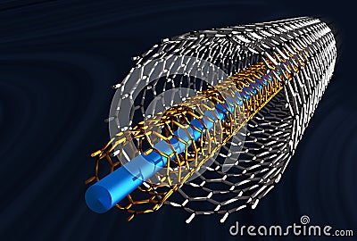 Straight Carbon Nanotubes, White and Orange Tubes, Dark Blue Background Stock Photo