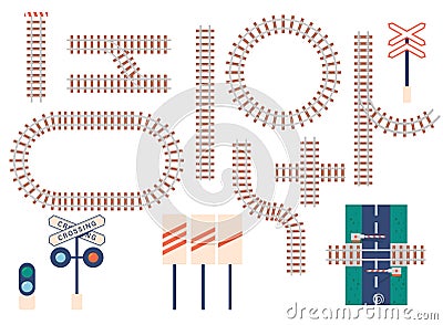 Straight and Curved Railroad Tracks, Barrie, Traffic Light and Signs Icons. Curve, Round, Crossed and Straight Road Vector Illustration