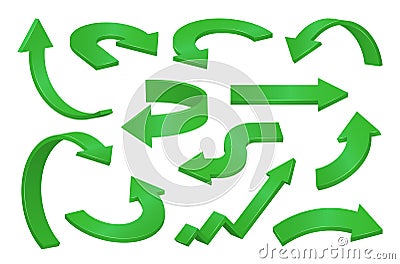 Straight curved round zigzag green 3d arrows collection. Right left up down turning pointers Stock Photo