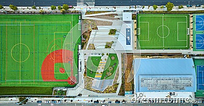 Straight down aerial view of James P Lang Athletic Fields and Margaret S Hayward Soccer Field Stock Photo