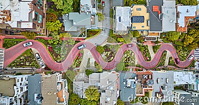 Straight down view Lombard Street with cars driving down red brick road aerial Editorial Stock Photo