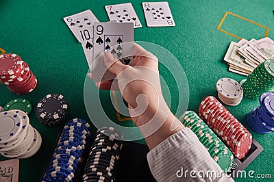 Straight flush, player holds. Casino, Winning combination Stock Photo