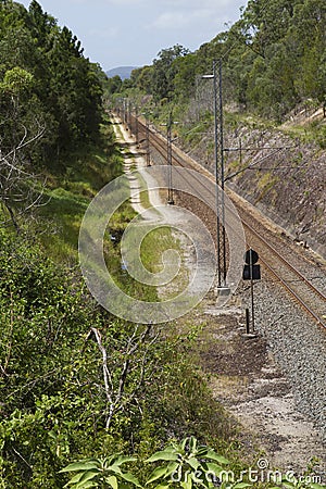 Straight path of a railroad track, Sunshine Coast, Queensland, Australia Stock Photo