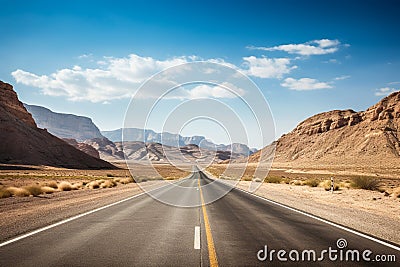 Straight road through the desert with bushes growing on both sides of the road Stock Photo