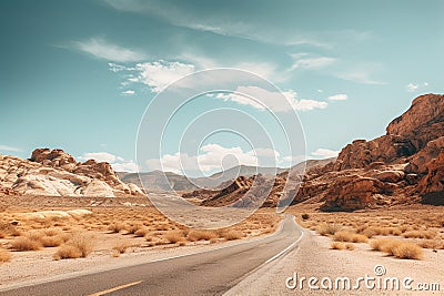 Straight road through the desert with bushes growing on both sides of the road Stock Photo