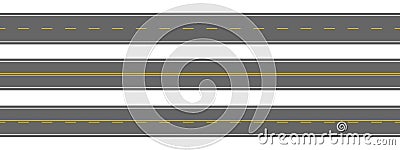 Straight roads aerial top view. Empty horizontal highways with different white and yellow markings. Seamless roadway Vector Illustration