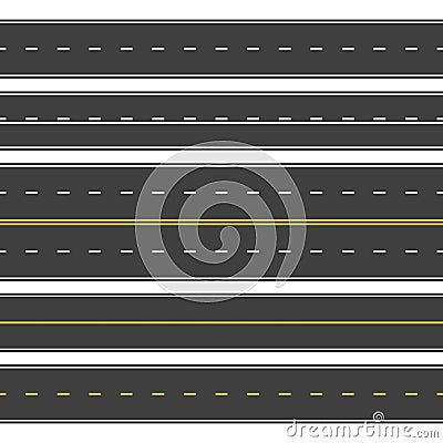 Straight roads seamless. Endless asphalt street, top view roadway. Empty horizontal highway vector Vector Illustration