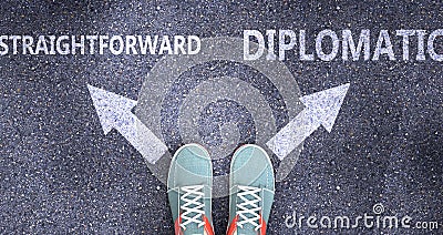 Straightforward and diplomatic as different choices in life - pictured as words Straightforward, diplomatic on a road to symbolize Cartoon Illustration