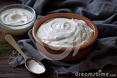 strained yogurt in a cheesecloth for greek yogurt Stock Photo