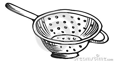 Strainer sketch. Long handle colander. Steel mesh cooking tool Vector Illustration