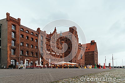 The harbour with terraces of bars and restaurants. Stralsund Editorial Stock Photo