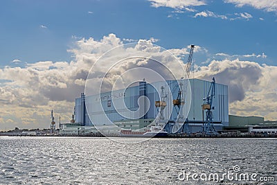 MV Werften Stralsund, german shipyard, shot taken from sea, with copy space Editorial Stock Photo