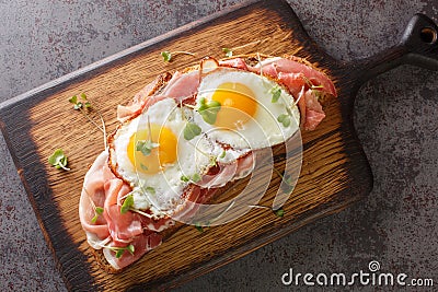 Strammer Max is a German open faced sandwich with ham and eggs closeup on the wooden board. Horizontal top view Stock Photo