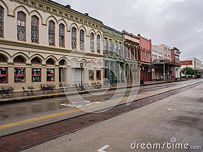 The Strand historic district in downtown Galveston, Texas, on a rain day with no people Editorial Stock Photo