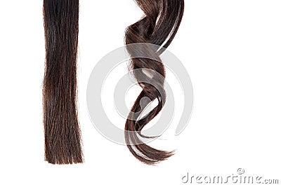 A strand of straight hair and curl on white isolate Stock Photo