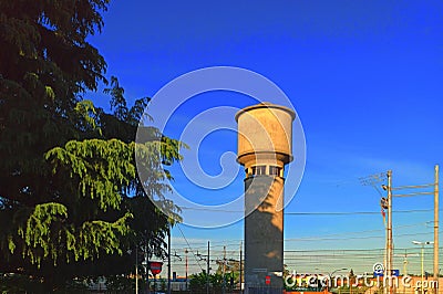 The strange building like a tower full of near cables Stock Photo