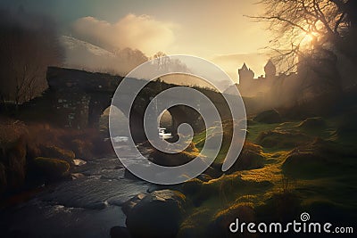 Strange Castle, sitting alone in a dreamy landscape setting. With warm sun rays breaking through the mist. - ai generated art Stock Photo