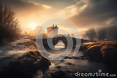 Strange Castle, sitting alone in a dreamy landscape setting. With warm sun rays breaking through the mist. - ai generated art Stock Photo