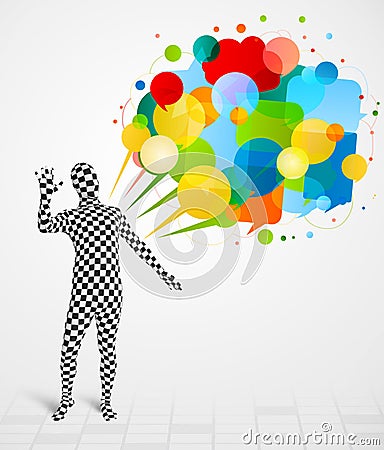 Strange guy in morphsuit looking at colorful speech bubbles Stock Photo