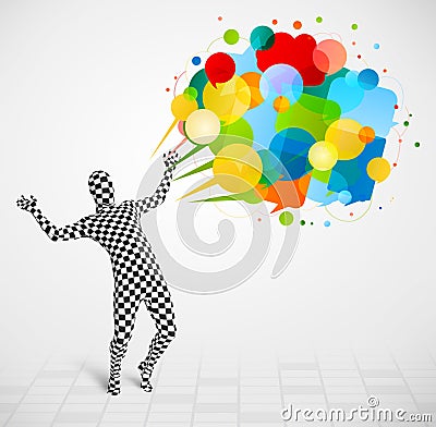 Strange guy in morphsuit looking at colorful speech bubbles Stock Photo