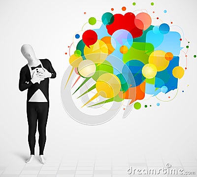 Strange guy in morphsuit looking at colorful speech bubbles Stock Photo