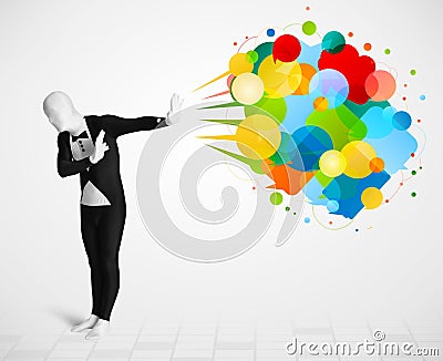 Strange guy in morphsuit looking at colorful speech bubbles Stock Photo