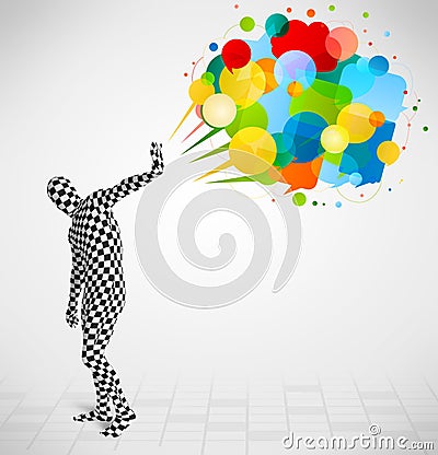 Strange guy in morphsuit looking at colorful speech bubbles Stock Photo