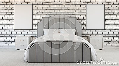 Strange modern design bedroom, brick wall, lack of color, black and white Stock Photo