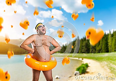 Strange naked man on nature Stock Photo