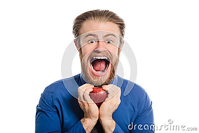 A strange office man with a big head offers an apple. transformed image. Stock Photo