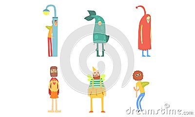 Strange People in Bizarre Costumes Set, Funny Men Dressed as Lamppost, Whale, Butterfly, Superhero Cartoon Vector Vector Illustration