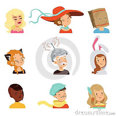 Strange people characters set, different funny faces vector illustrations Vector Illustration