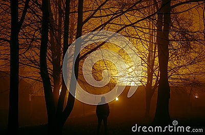 strange silhouette in a dark spooky forest at night, mystical landscape surreal lights with creepy man, fire burning Stock Photo