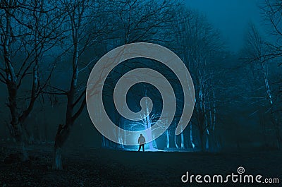 Strange silhouette in a dark spooky forest at night, mystical landscape surreal lights with creepy man Stock Photo