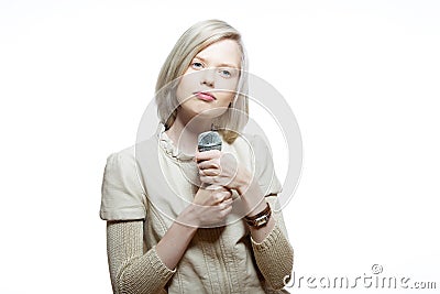 Strange slim blonde girl sing karaoke Stock Photo