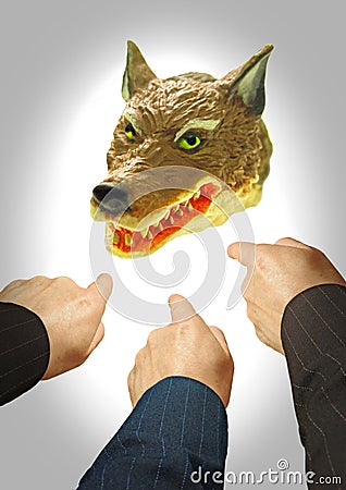 Stranger wolf impostor intruder false fake friend sheep group animals farm dog wild teeth Stock Photo